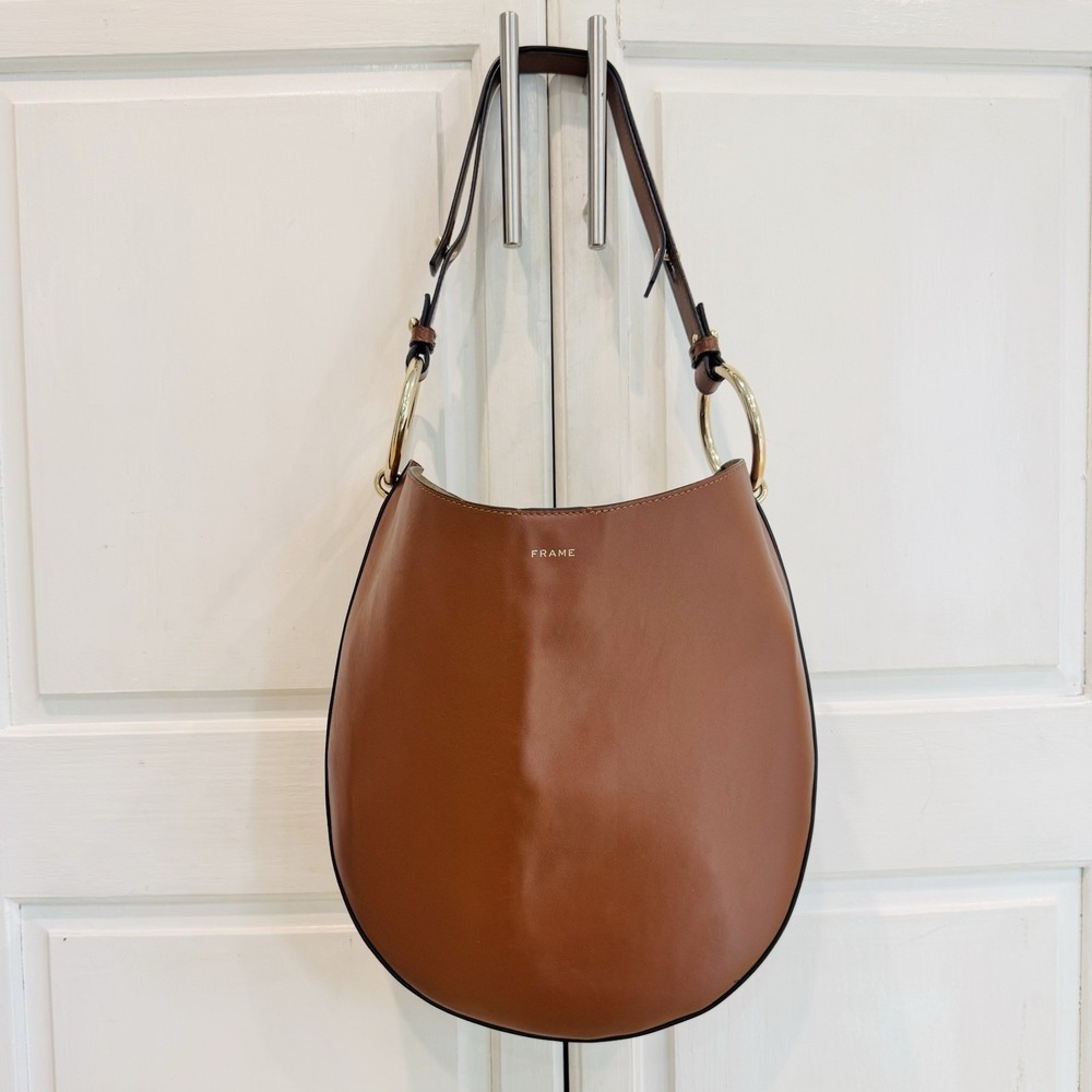 FRAME Brown Crescent Shoulder Bag Gold Ring Hardware Coin Purse Adjustable Strap - Picture 2 of 7